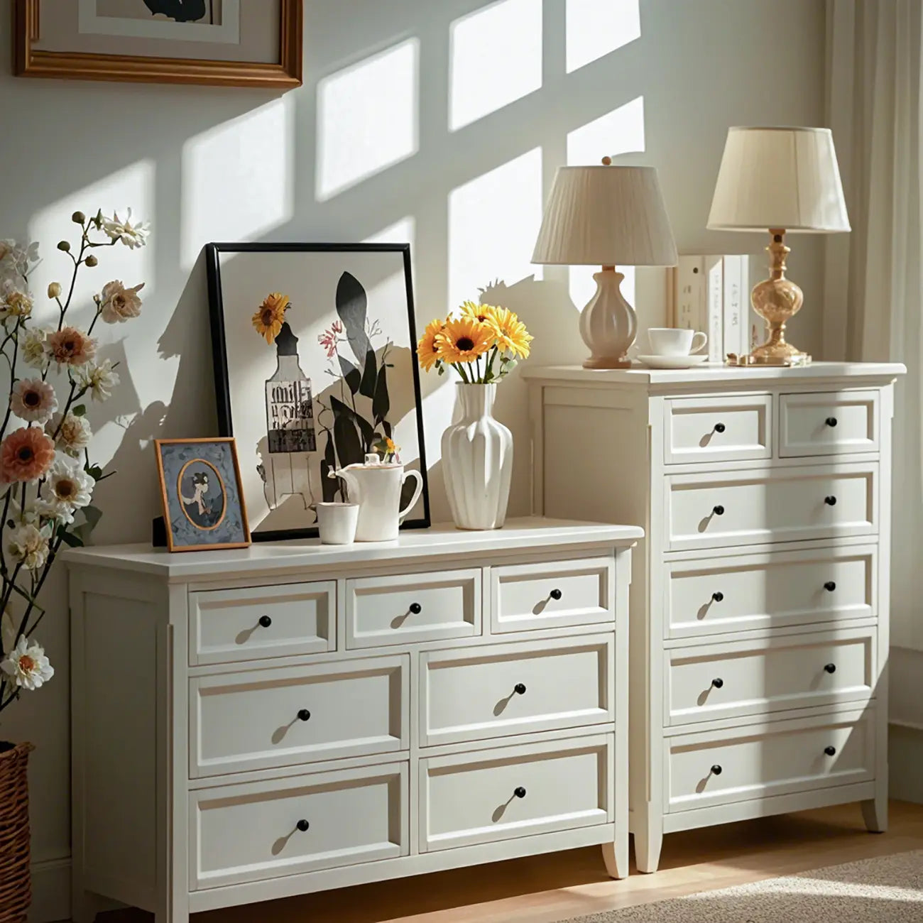 Commode double contemporaine en bois blanc pour chambre à coucher