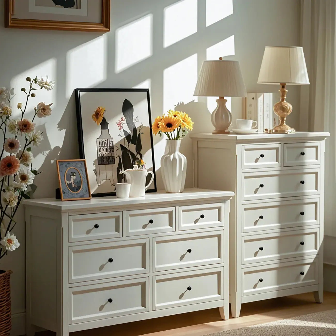 Commode double contemporaine en bois blanc pour chambre à coucher