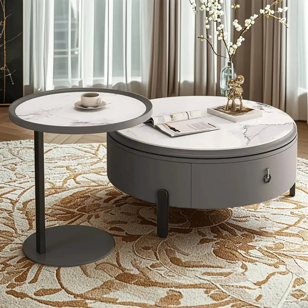 Table basse gigogne ronde grise avec rangement et plateau relevable