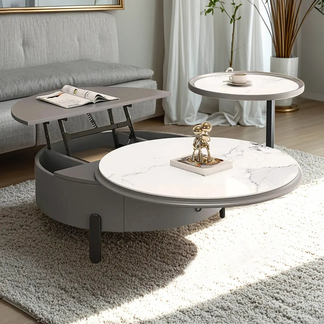 Table basse gigogne ronde grise avec rangement et plateau relevable