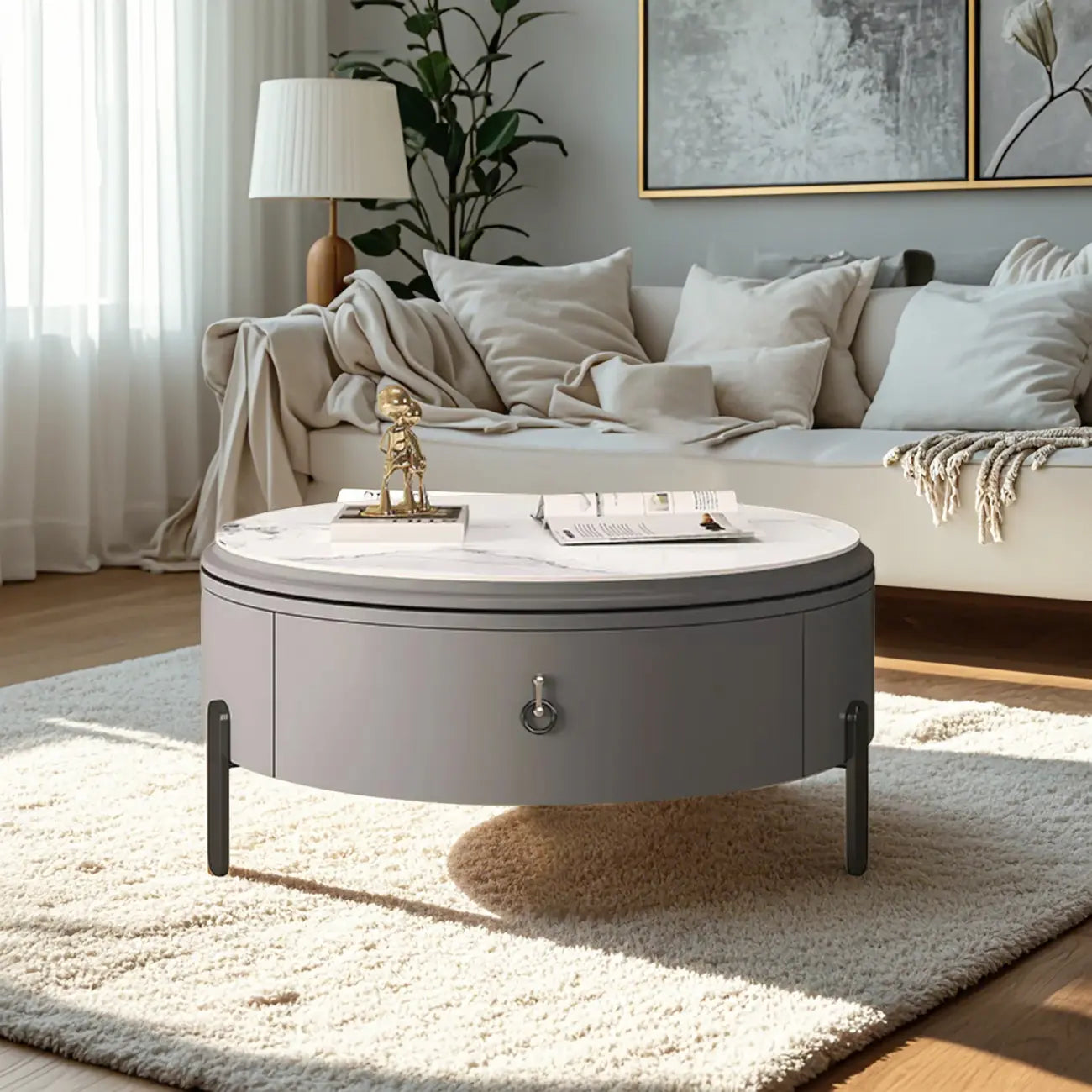 Table basse gigogne ronde grise avec rangement et plateau relevable