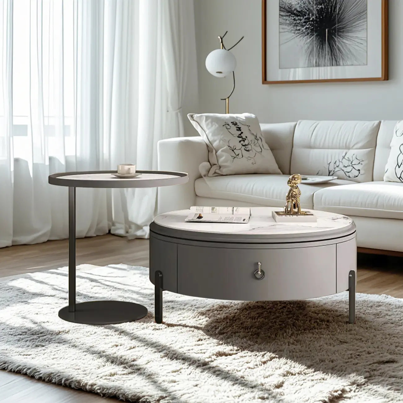 Table basse gigogne ronde grise avec rangement et plateau relevable