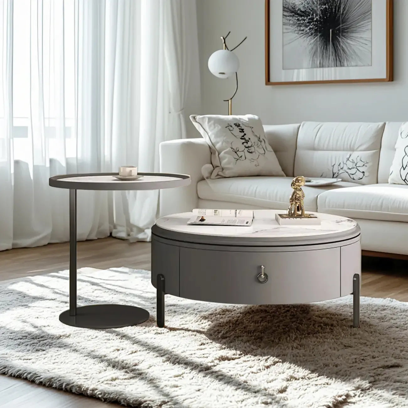 Table basse gigogne ronde grise avec rangement et plateau relevable