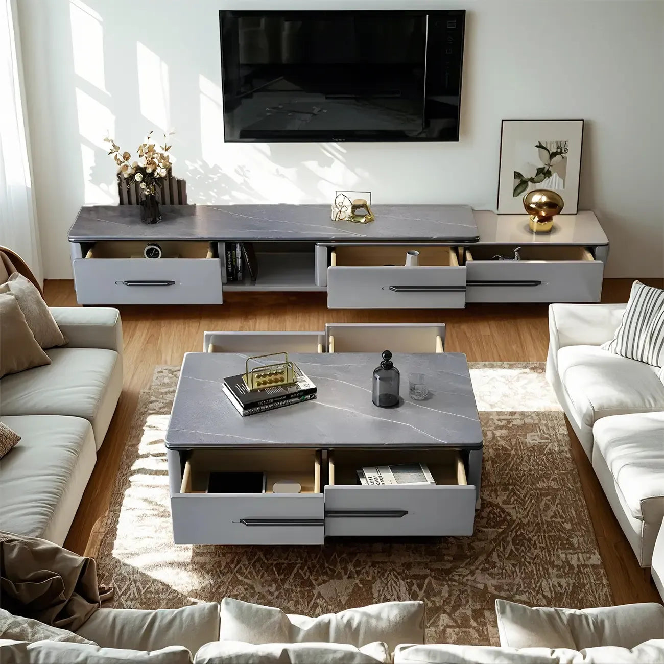 Meuble TV moderne gris moderne avec plateau en marbre, étagère ouverte et rangements