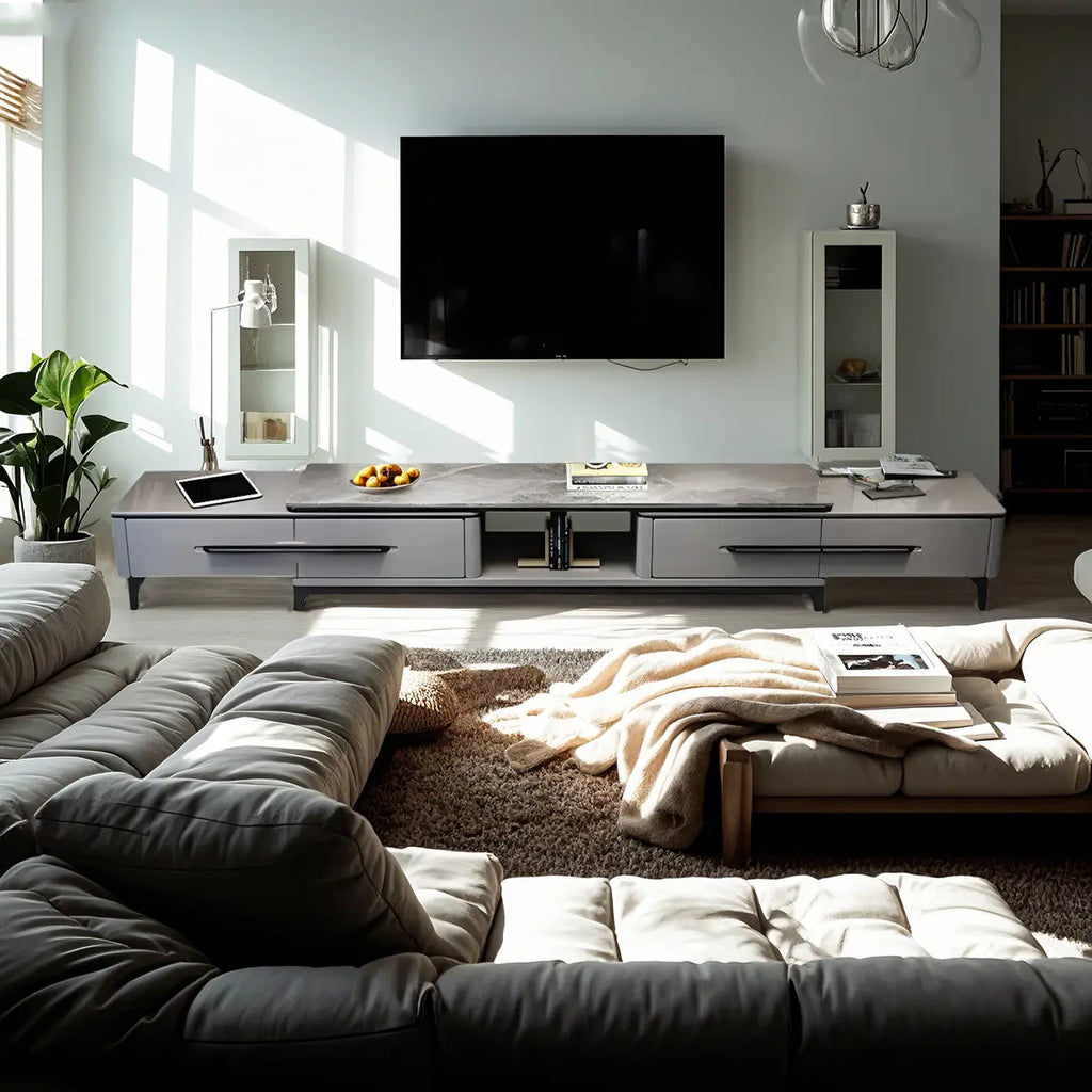Mobile TV grigio moderno con ripiano aperto e ripiano in marmo, con contenitore