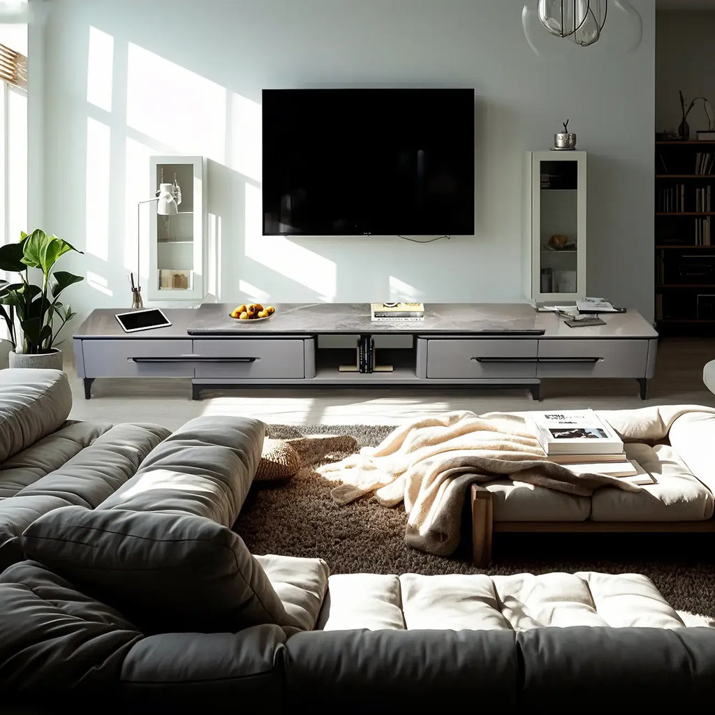 Mobile TV grigio moderno con ripiano aperto e ripiano in marmo, con contenitore