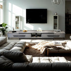 Mobile TV grigio moderno con ripiano aperto e ripiano in marmo, con contenitore