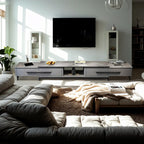 Mobile TV grigio moderno con ripiano aperto e ripiano in marmo, con contenitore