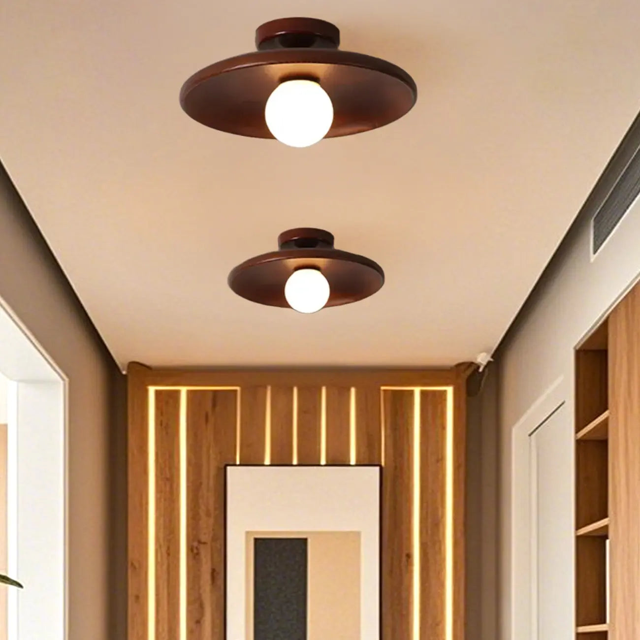 Plafonnier semi-encastré vintage en bois massif pour entrée