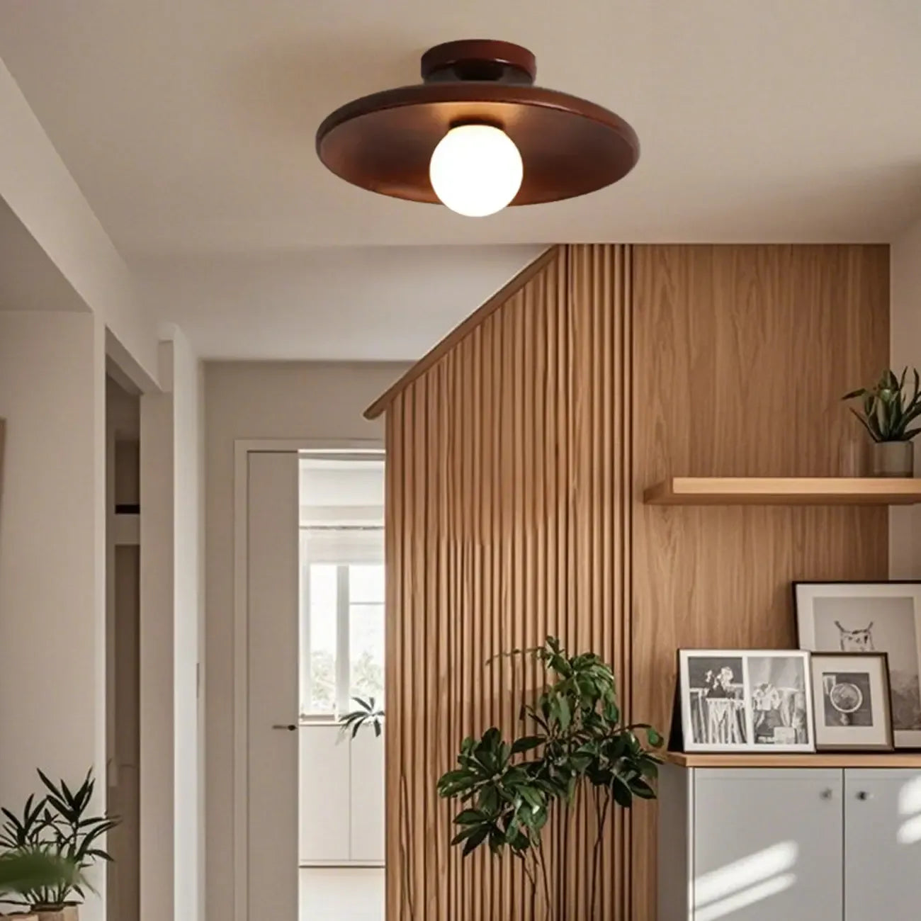 Plafonnier semi-encastré vintage en bois massif pour entrée