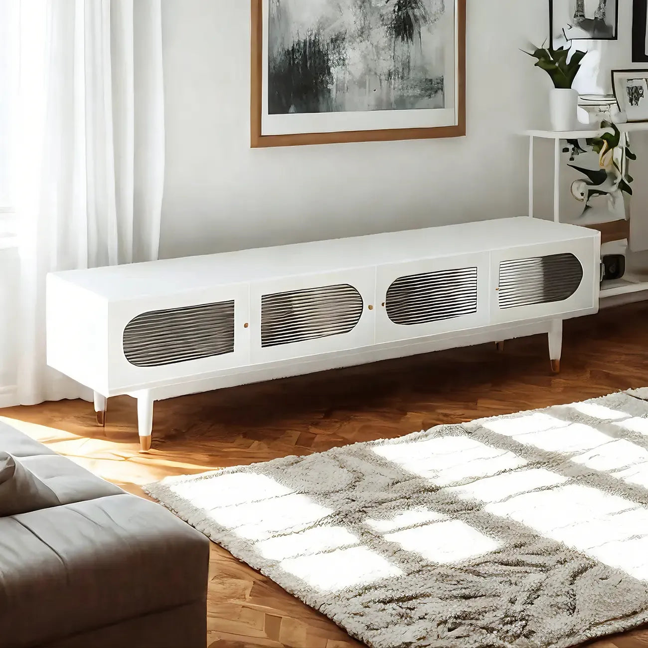 Meuble TV 79 portes en bois blanc nervuré avec étagères réglables