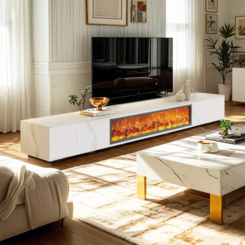 Meuble TV moderne en pierre avec cheminée et éclairage pour salon