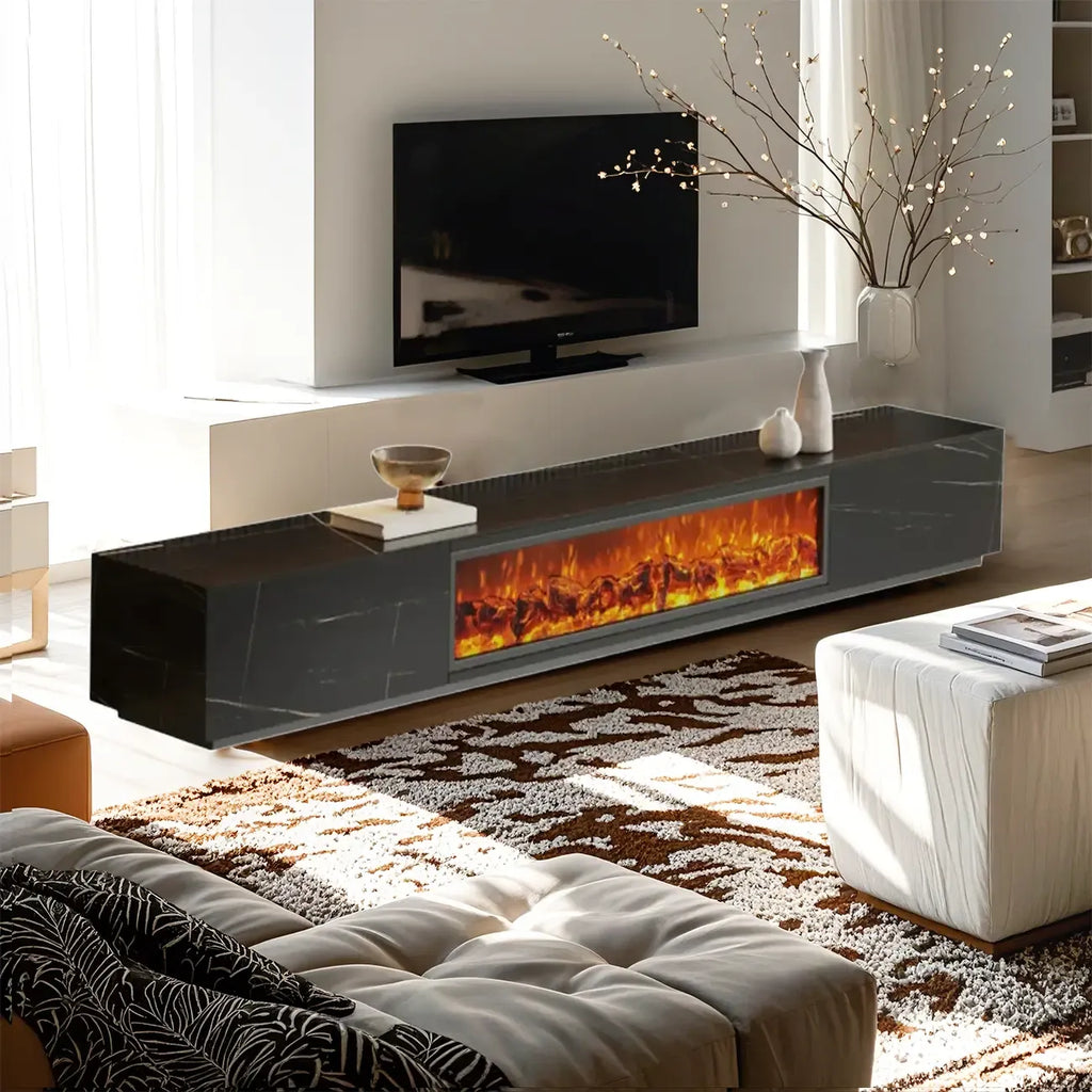 Meuble TV moderne en pierre avec cheminée et éclairage pour salon