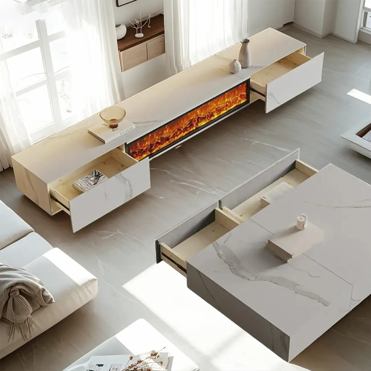 Meuble TV moderne en pierre avec cheminée et éclairage pour salon
