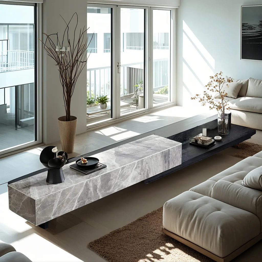 Meuble TV rectangulaire élégant en pierre grise de 71 pouces avec 3 tiroirs