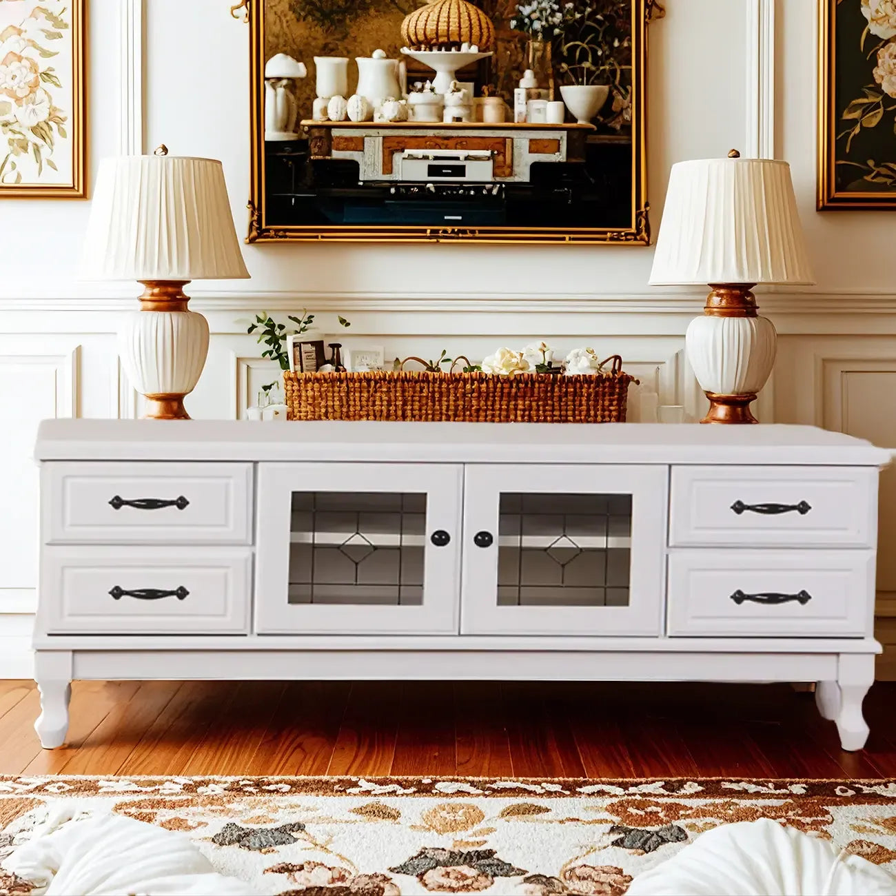 Mobile TV rettangolare in legno bianco stile country francese con contenitore