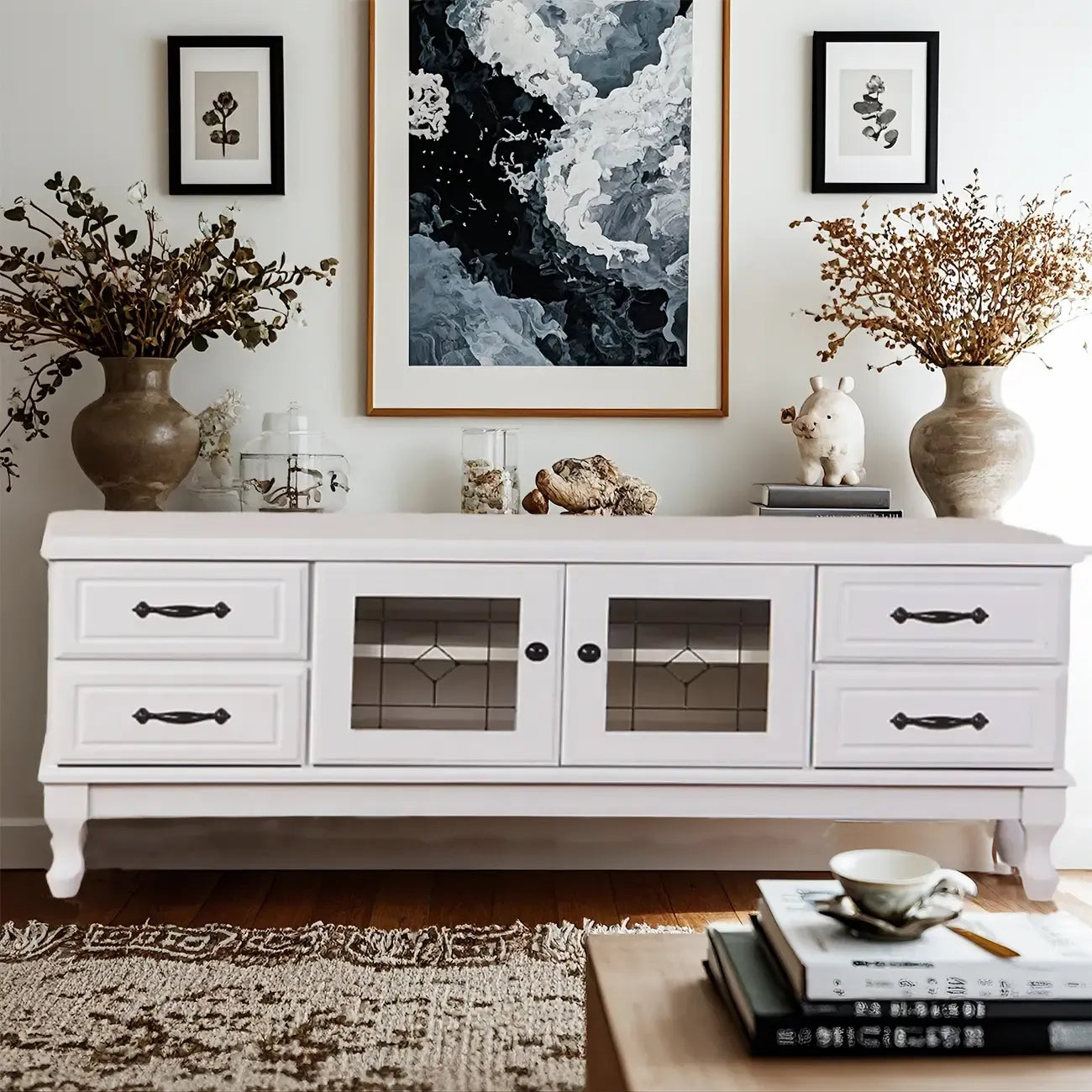 Mobile TV rettangolare in legno bianco stile country francese con contenitore