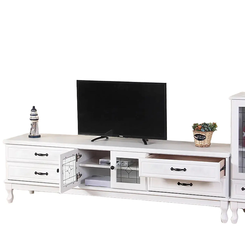 Mobile TV rettangolare in legno bianco stile country francese con contenitore