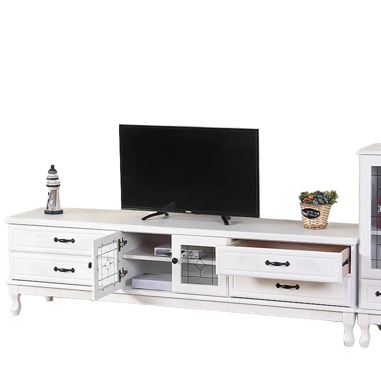 Mobile TV rettangolare in legno bianco stile country francese con contenitore