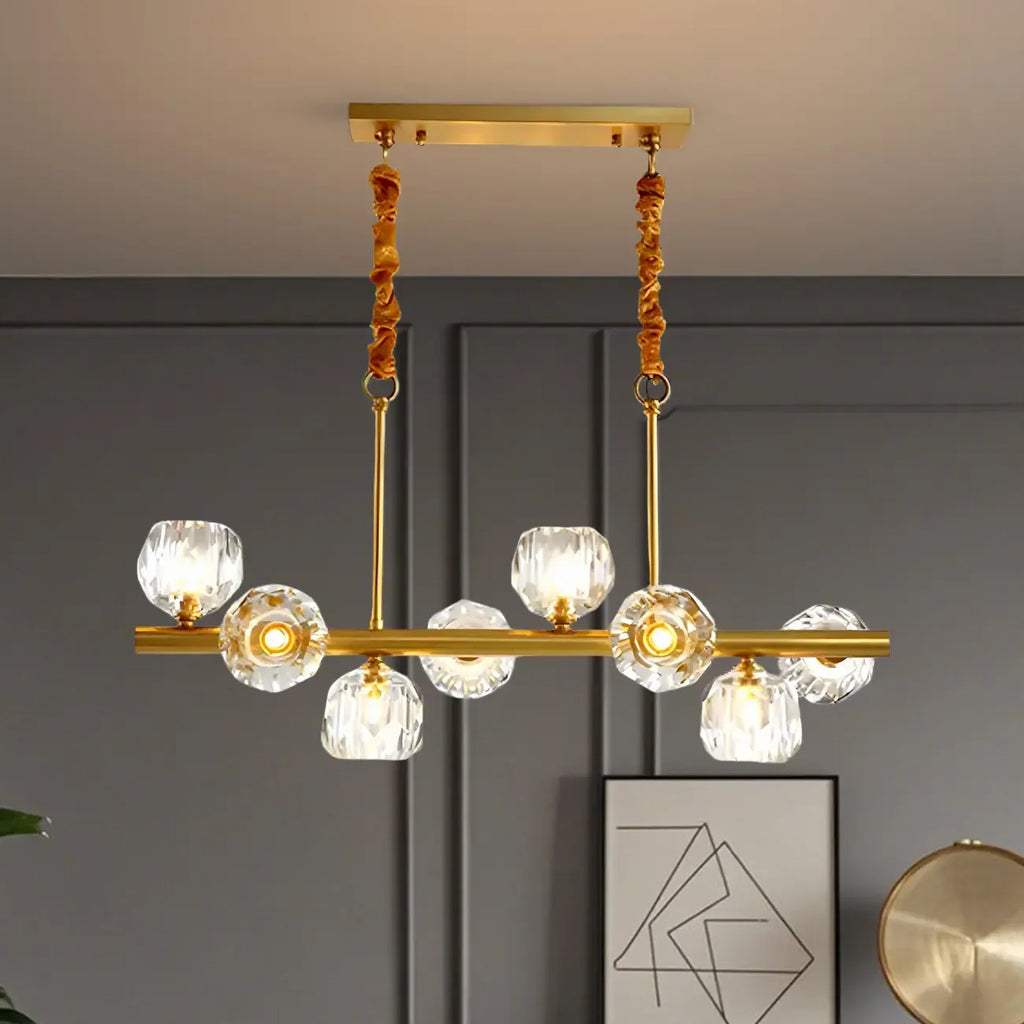 Grande suspension linéaire en métal et cristal doré pour cuisine
