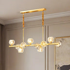 Grande suspension linéaire en métal et cristal doré pour cuisine
