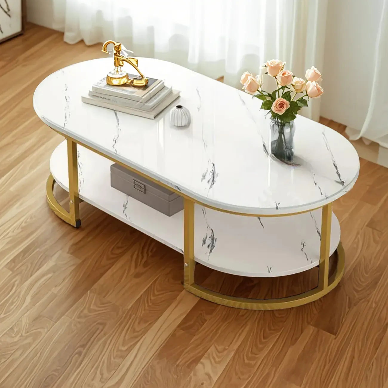 Table basse luge avec étagères ovales en bois blanc