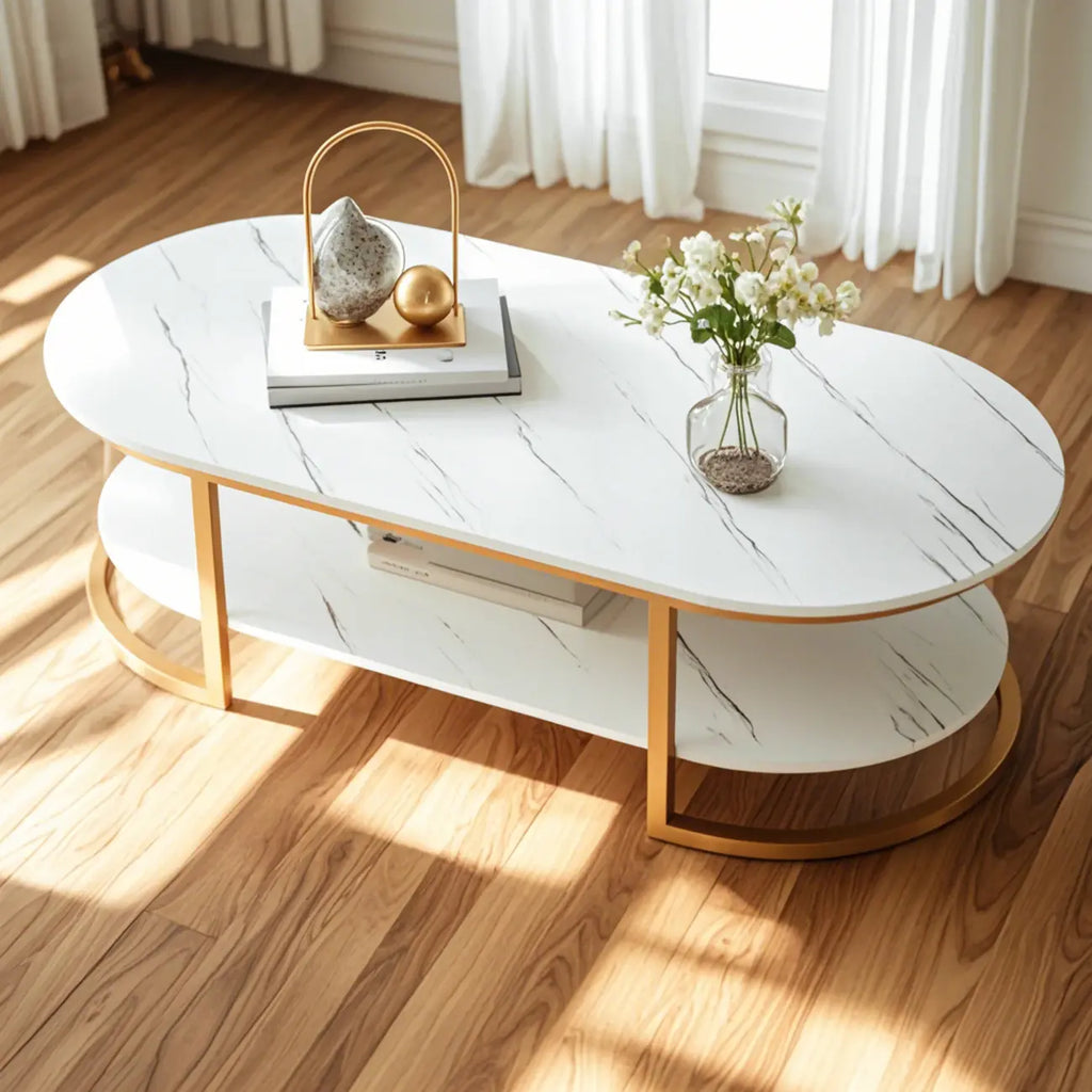 Table basse luge avec étagères ovales en bois blanc