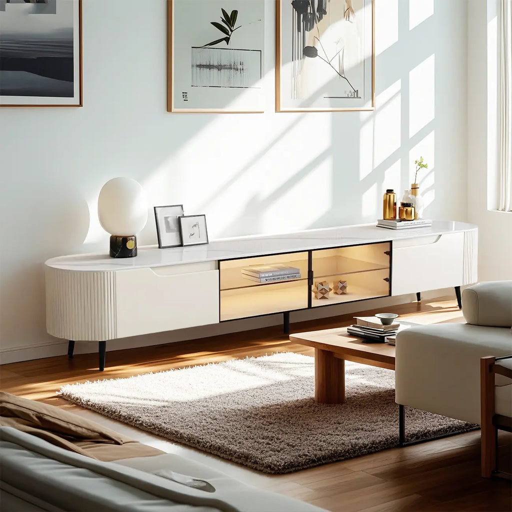 Mobile TV 71" con ripiani e cassetti in legno beige e vetro