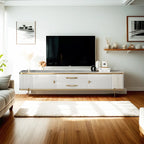 Meuble TV avec armoire, panneaux cannelés en pierre blanche et garniture dorée, 71 cm