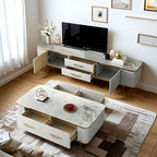 Meuble TV avec armoire, panneaux cannelés en pierre blanche et garniture dorée, 71 cm