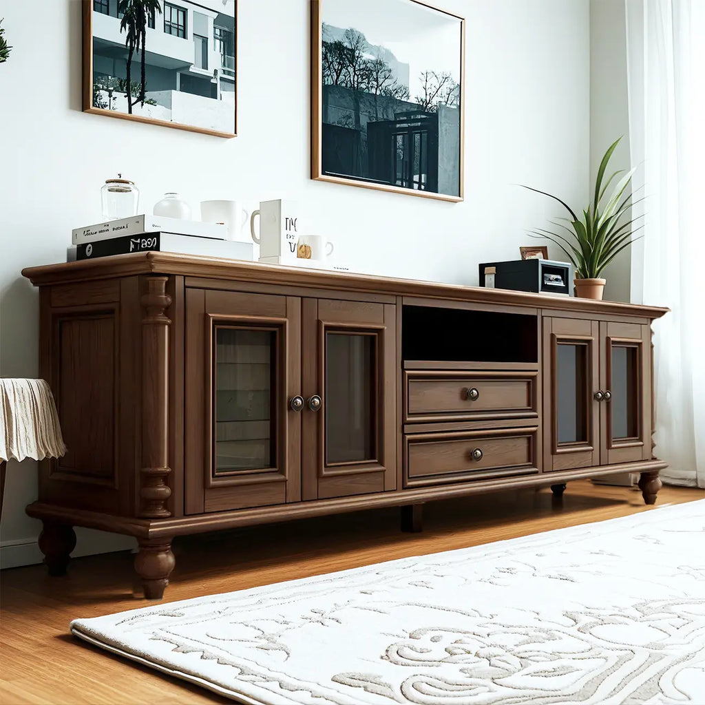 Meuble TV traditionnel long en bois brun avec gestion des câbles