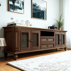 Meuble TV traditionnel long en bois brun avec gestion des câbles