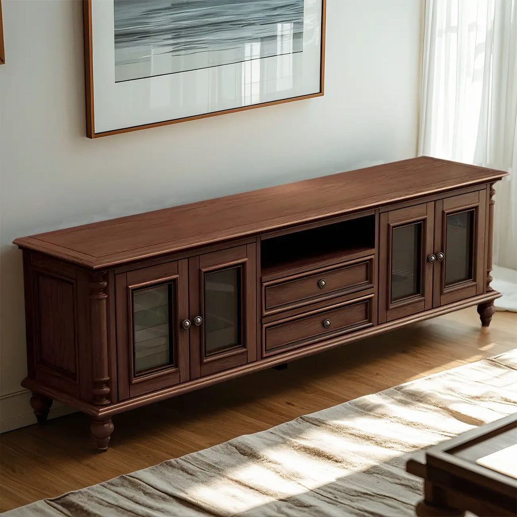 Meuble TV traditionnel long en bois brun avec gestion des câbles