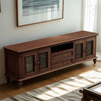 Meuble TV traditionnel long en bois brun avec gestion des câbles