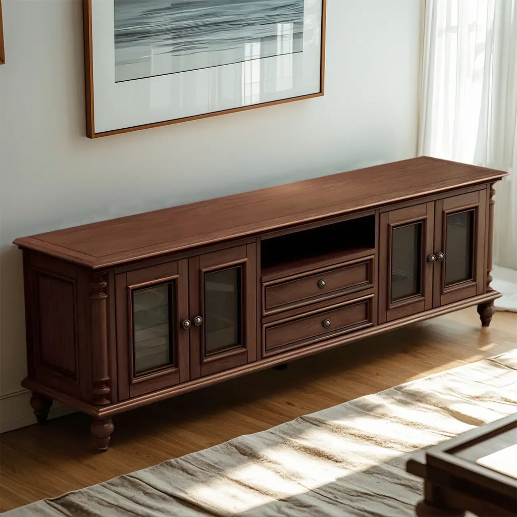 Meuble TV traditionnel long en bois brun avec gestion des câbles
