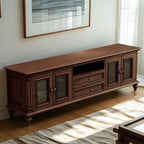 Meuble TV traditionnel long en bois brun avec gestion des câbles