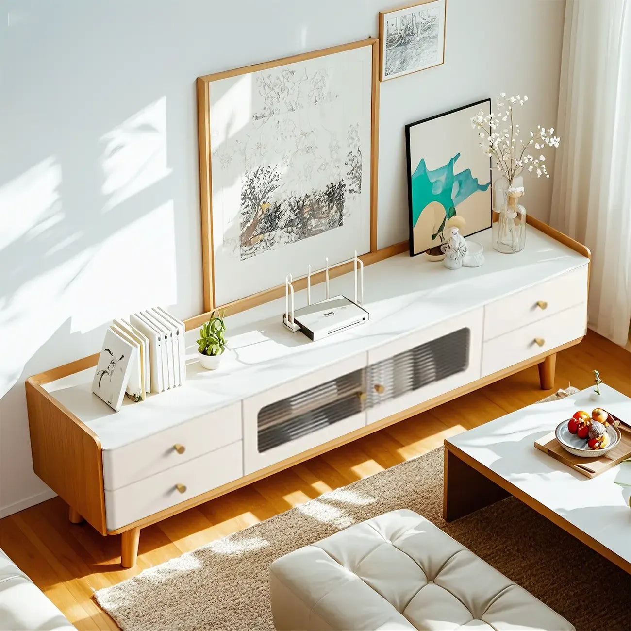 Mobile porta TV con ante in vetro, in legno bianco, moderno, 63 pollici
