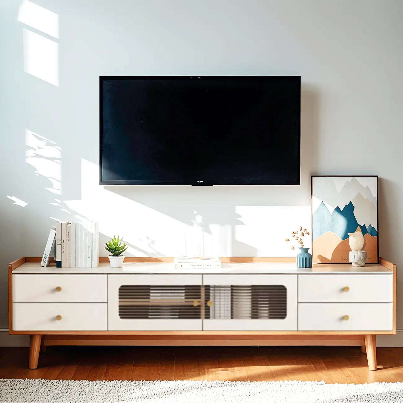 Mobile porta TV con ante in vetro, in legno bianco, moderno, 63 pollici