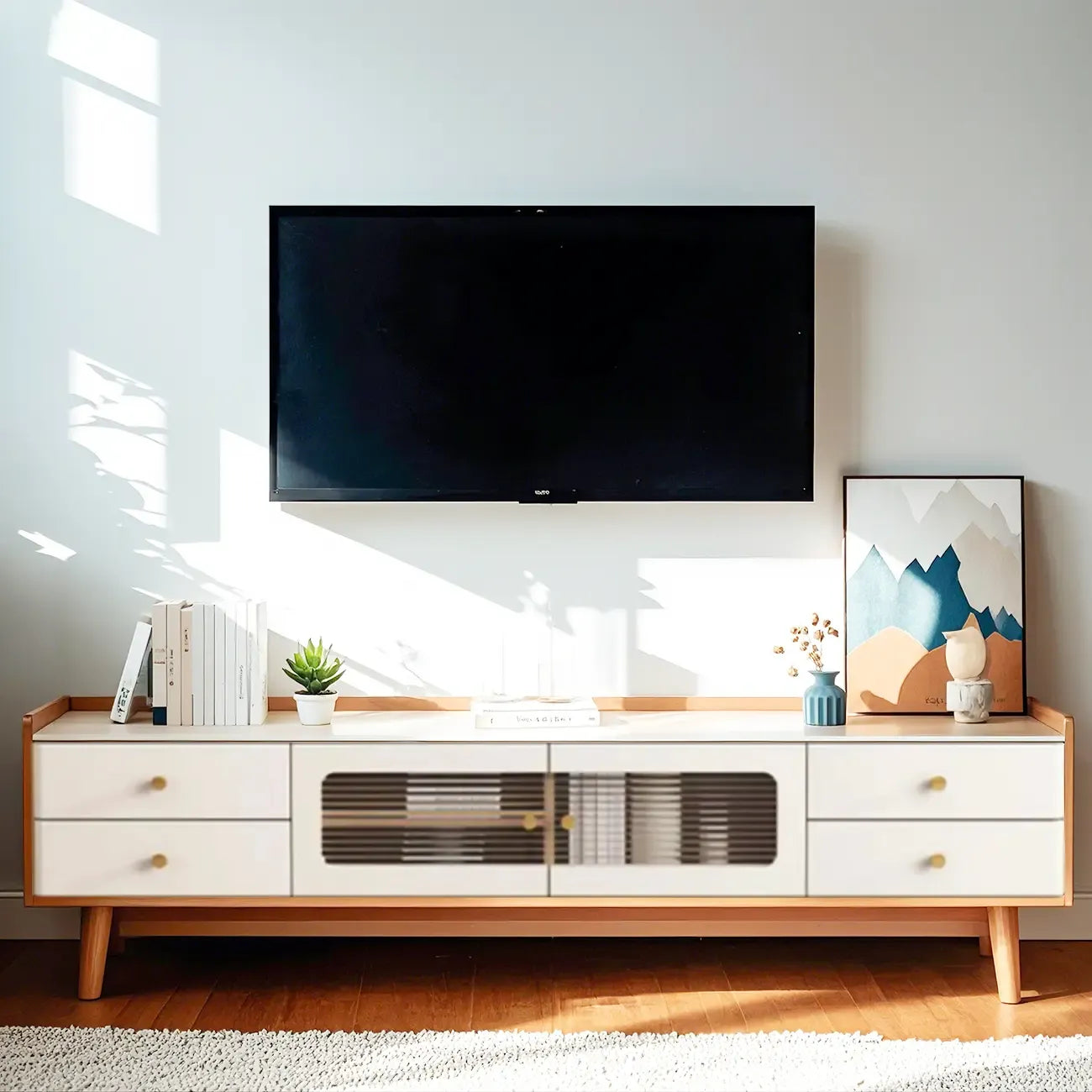 Mobile porta TV con ante in vetro, in legno bianco, moderno, 63 pollici