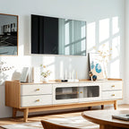 Mobile porta TV con ante in vetro, in legno bianco, moderno, 63 pollici