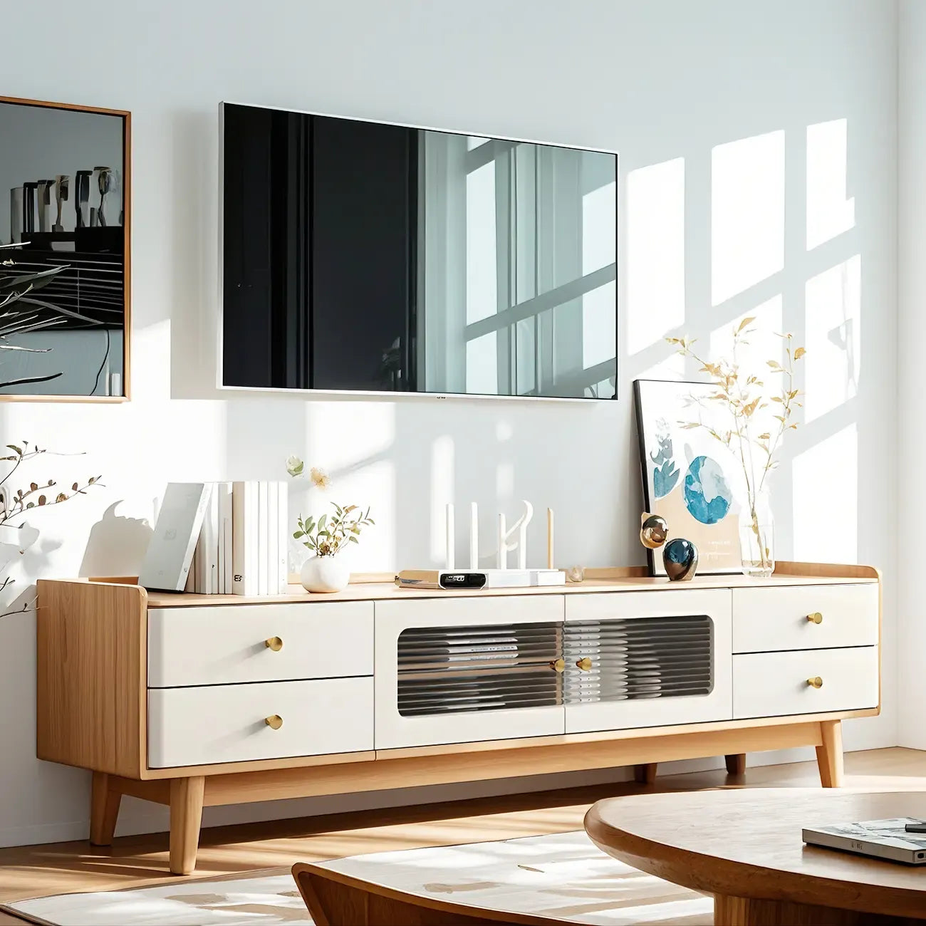 Mobile porta TV con ante in vetro, in legno bianco, moderno, 63 pollici