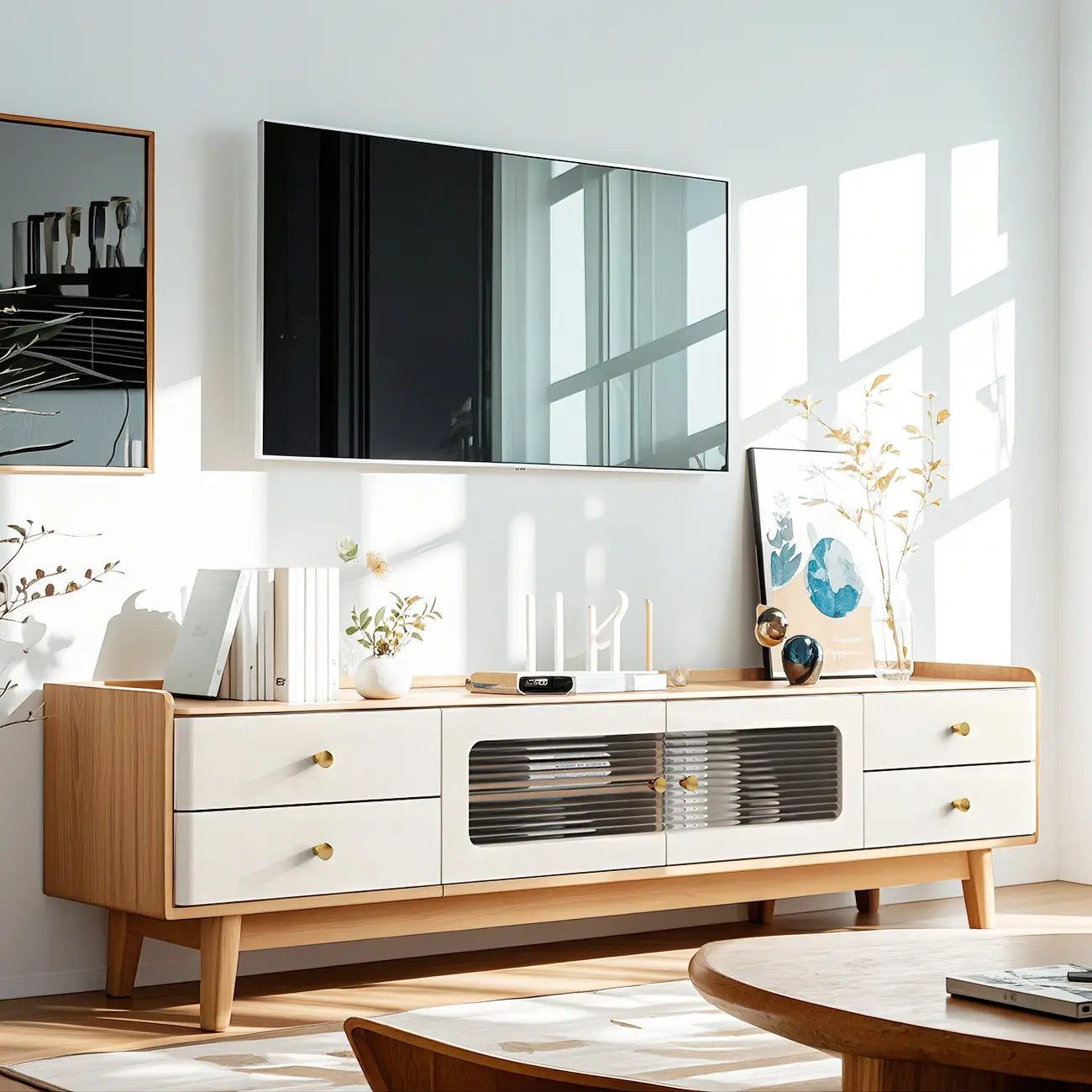 Mobile porta TV con ante in vetro, in legno bianco, moderno, 63 pollici