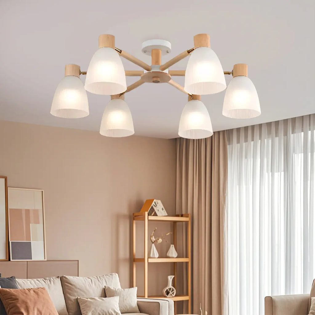 Plafoniera Semiflusso Cono in Vetro Bianco Naturale e Legno