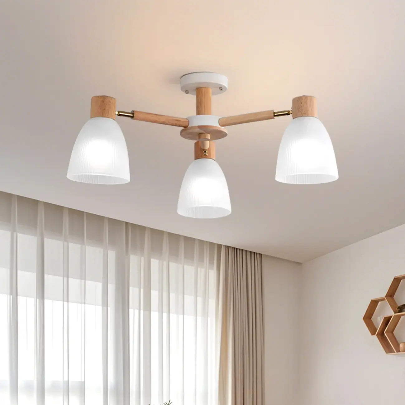 Plafoniera Semiflusso Cono in Vetro Bianco Naturale e Legno