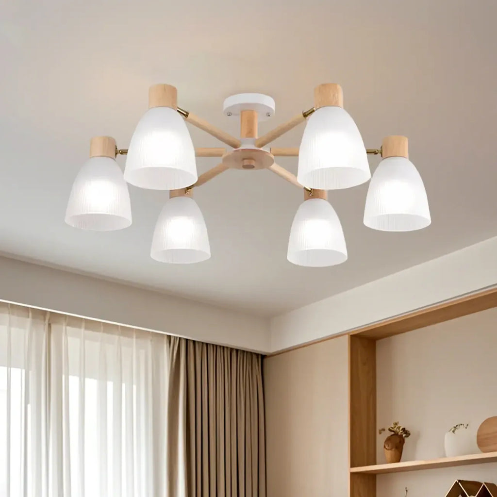 Plafoniera Semiflusso Cono in Vetro Bianco Naturale e Legno
