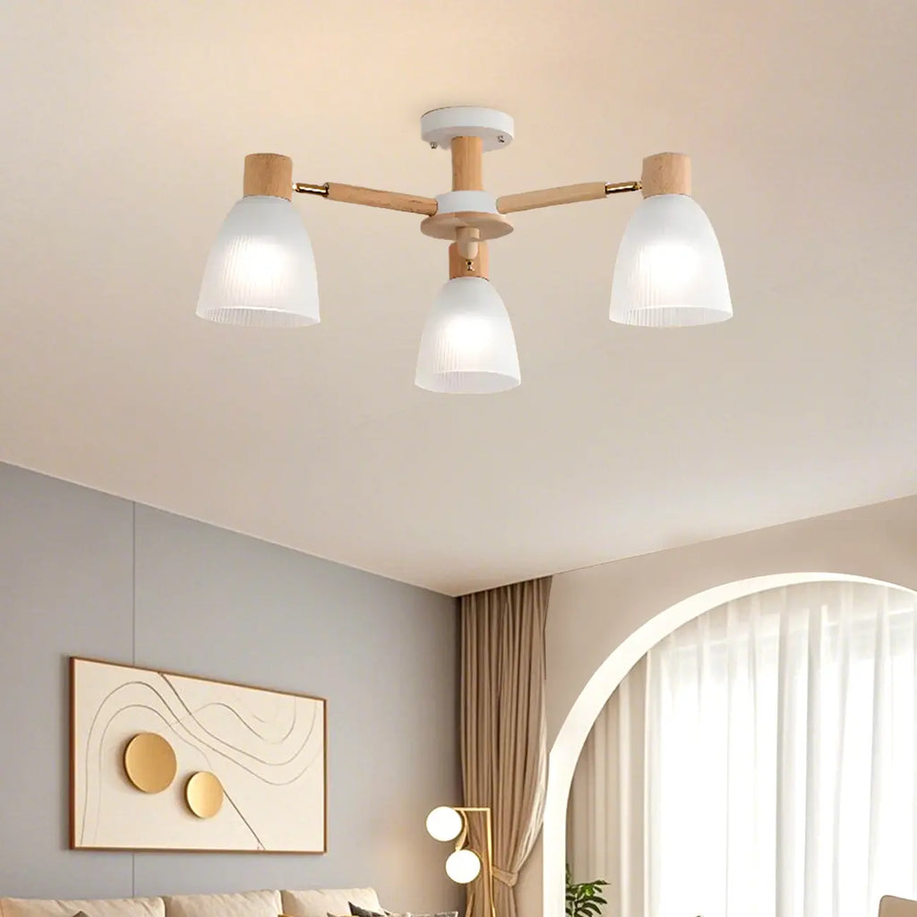 Plafoniera Semiflusso Cono in Vetro Bianco Naturale e Legno