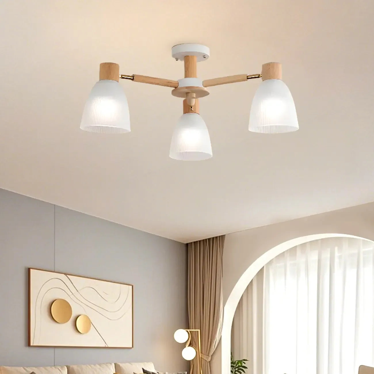 Plafoniera Semiflusso Cono in Vetro Bianco Naturale e Legno