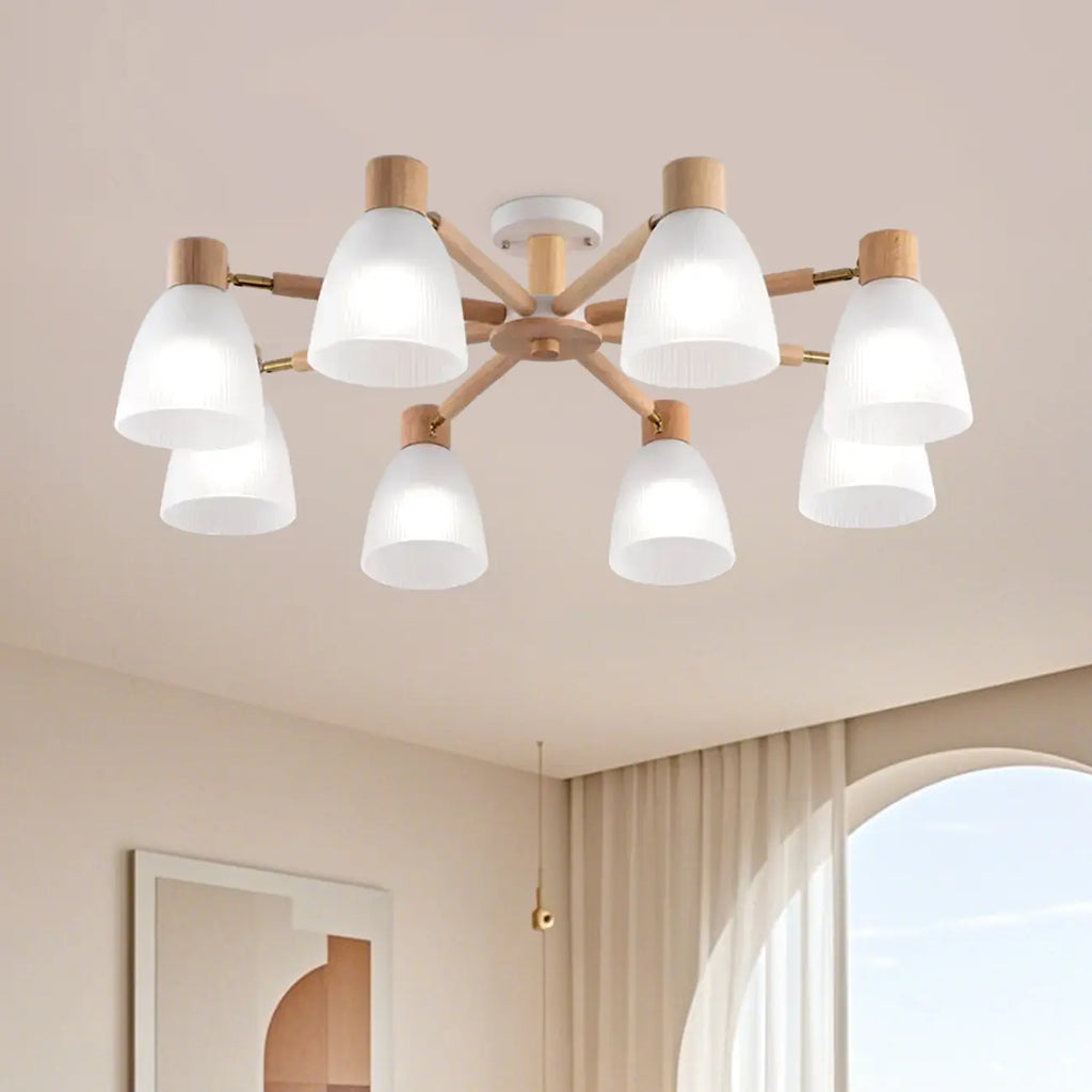 Plafoniera Semiflusso Cono in Vetro Bianco Naturale e Legno