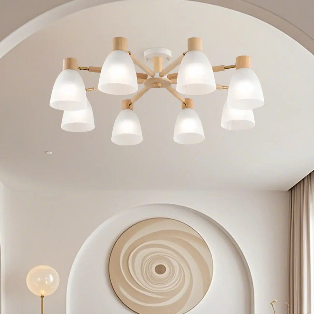 Plafoniera Semiflusso Cono in Vetro Bianco Naturale e Legno