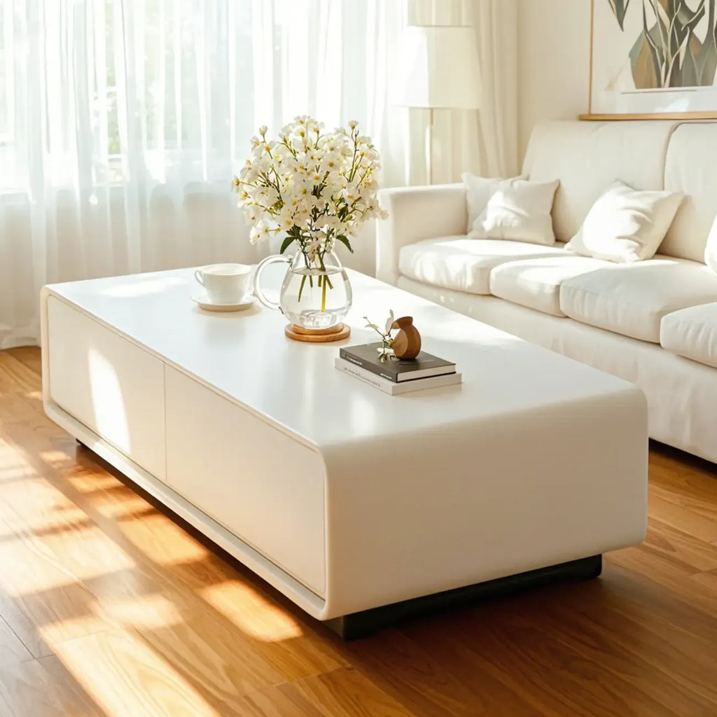 Table basse rectangulaire blanche, élégante et minimaliste, avec 4 tiroirs